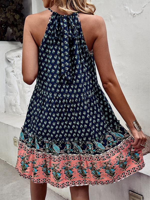 Women's bohemian print holiday halterneck dress - Closther