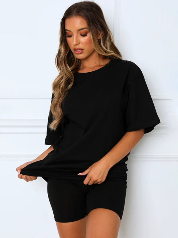 Ensembles deux pièces décontractés pour femmes, manches courtes et short, couleur unie 