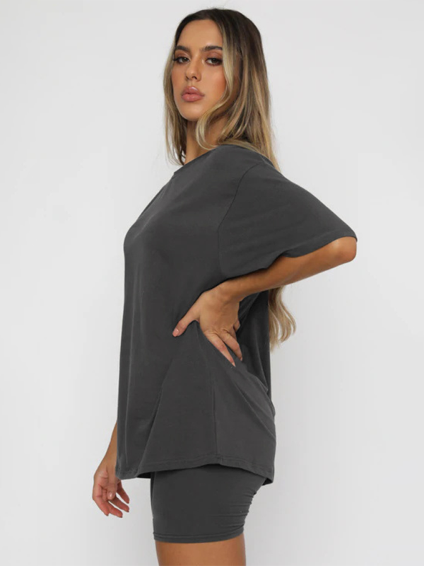 Ensembles deux pièces décontractés pour femmes, manches courtes et short, couleur unie 