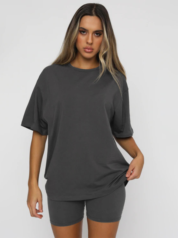 Ensembles deux pièces décontractés pour femmes, manches courtes et short, couleur unie 