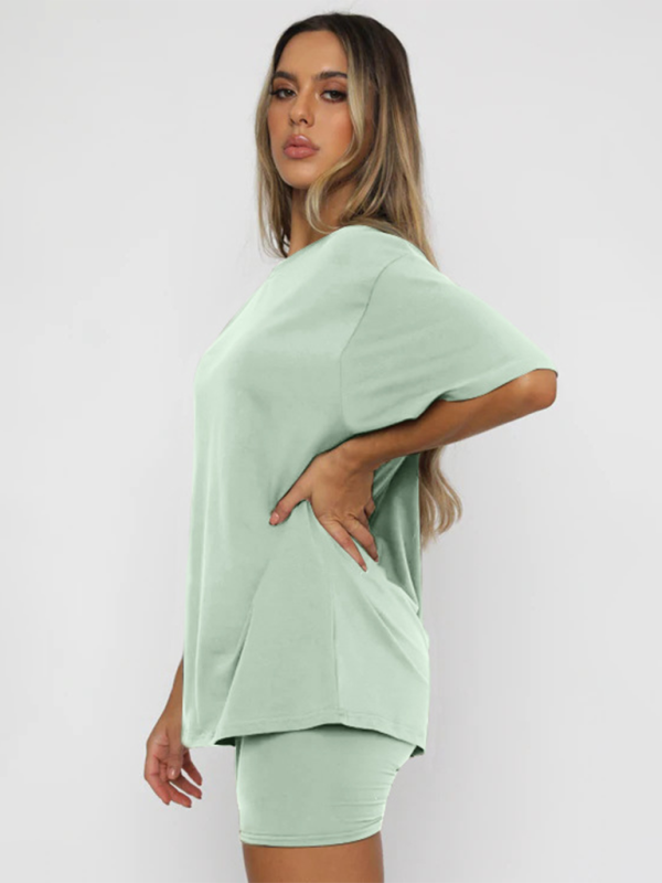 Ensembles deux pièces décontractés pour femmes, manches courtes et short, couleur unie 