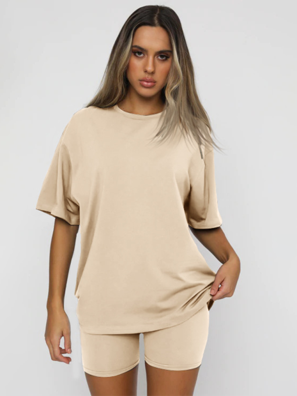 Ensembles deux pièces décontractés pour femmes, manches courtes et short, couleur unie 