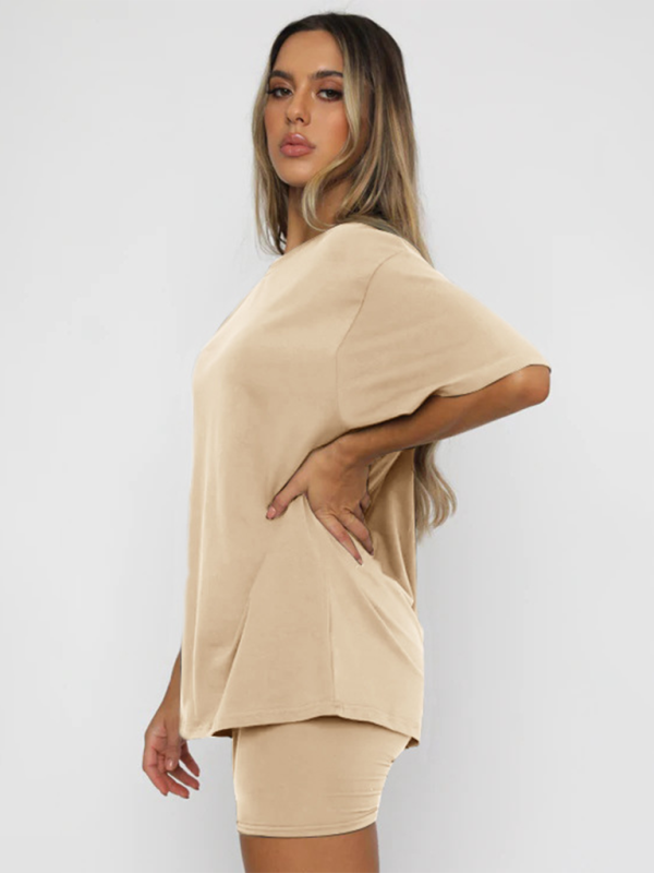 Ensembles deux pièces décontractés pour femmes, manches courtes et short, couleur unie 