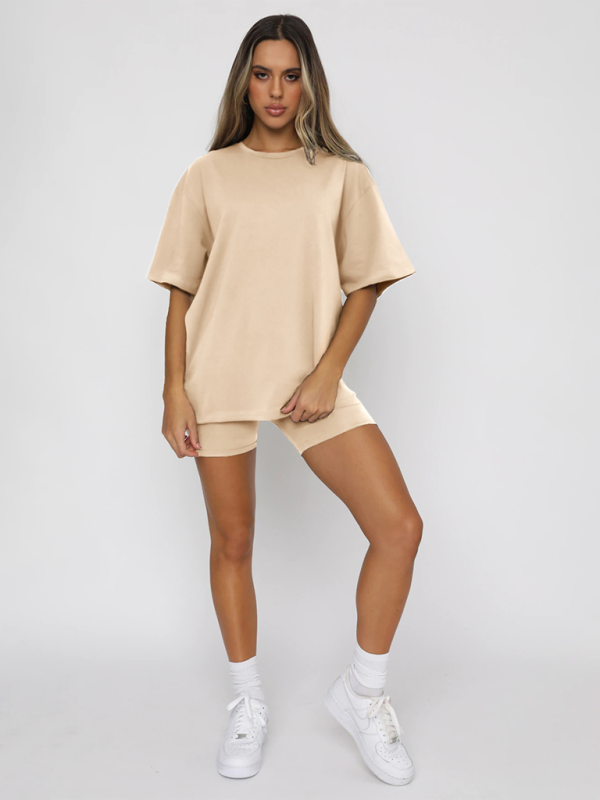Ensembles deux pièces décontractés pour femmes, manches courtes et short, couleur unie 