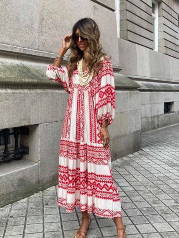 Geometric Collage Puff Sleeve Dress Street Holiday Women's Clothing - Closther