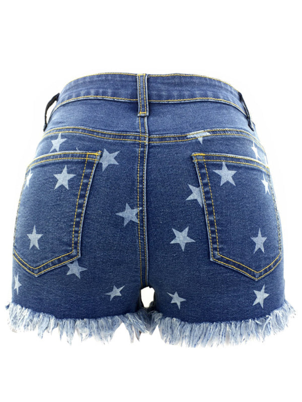 Women's Casual Fringe Pentagram Print High Waist Denim Shorts - Closther