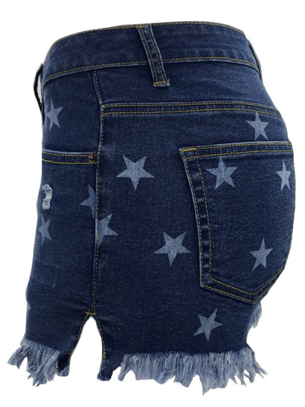 Women's Casual Fringe Pentagram Print High Waist Denim Shorts - Closther