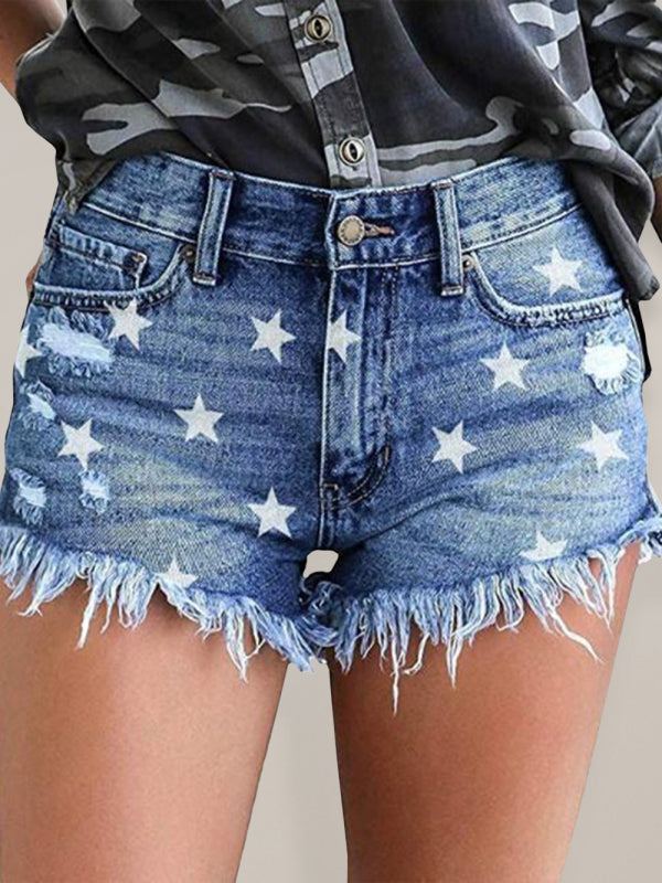 Women's Casual Fringe Pentagram Print High Waist Denim Shorts - Closther