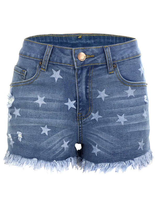 Women's Casual Fringe Pentagram Print High Waist Denim Shorts - Closther