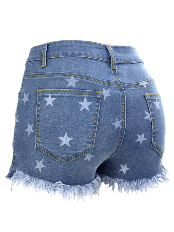 Women's Casual Fringe Pentagram Print High Waist Denim Shorts - Closther