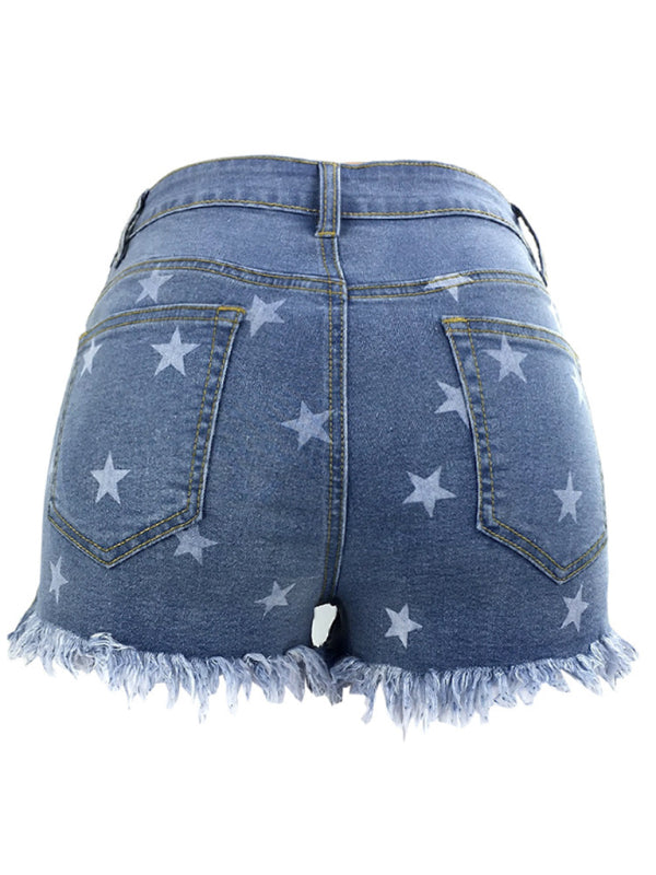 Women's Casual Fringe Pentagram Print High Waist Denim Shorts - Closther