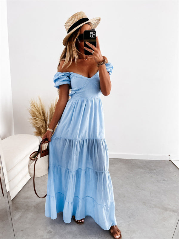 Robe taille haute unie à manches courtes, épaules dénudées, dos nu et bretelles fines, style moderne 