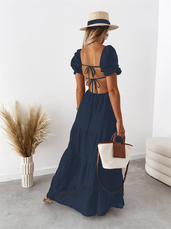 Robe taille haute unie à manches courtes, épaules dénudées, dos nu et bretelles fines, style moderne 