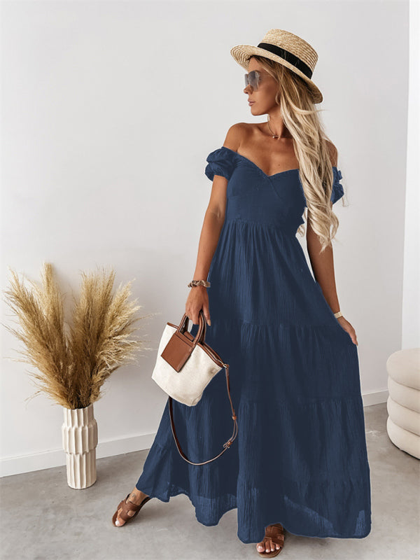 Robe taille haute unie à manches courtes, épaules dénudées, dos nu et bretelles fines, style moderne 