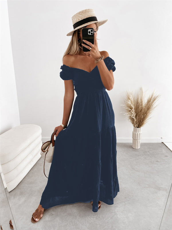 Robe taille haute unie à manches courtes, épaules dénudées, dos nu et bretelles fines, style moderne 
