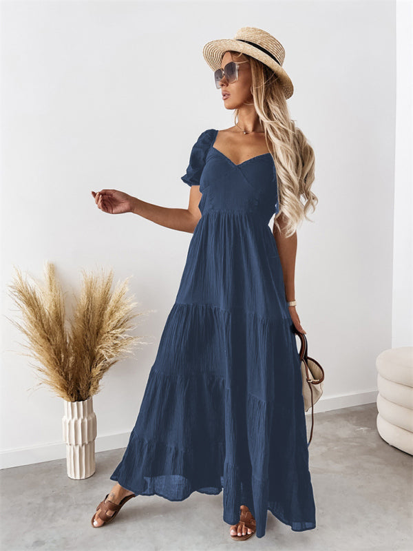 Robe taille haute unie à manches courtes, épaules dénudées, dos nu et bretelles fines, style moderne 
