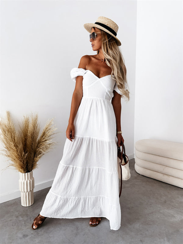 Robe taille haute unie à manches courtes, épaules dénudées, dos nu et bretelles fines, style moderne 