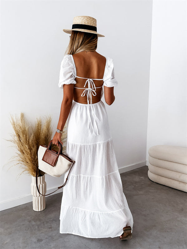 Robe taille haute unie à manches courtes, épaules dénudées, dos nu et bretelles fines, style moderne 