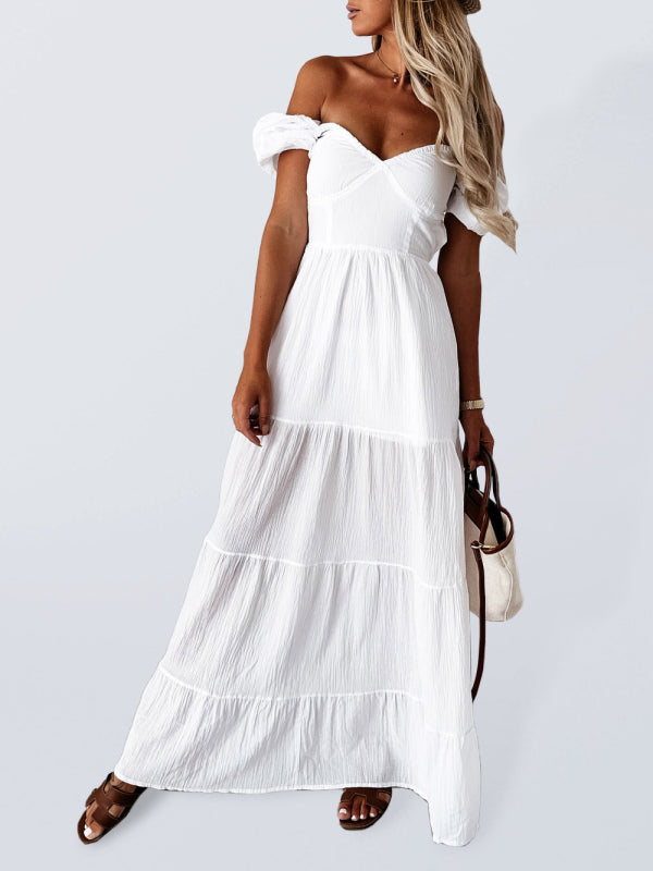 Robe taille haute unie à manches courtes, épaules dénudées, dos nu et bretelles fines, style moderne 