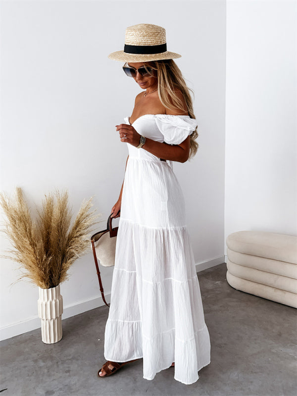 Robe taille haute unie à manches courtes, épaules dénudées, dos nu et bretelles fines, style moderne 