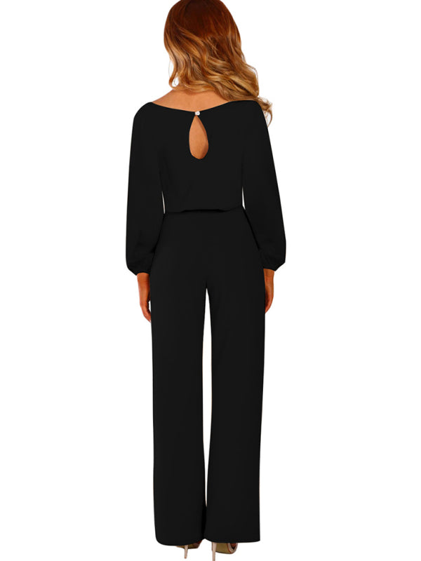 Women's woven simple and elegant long-sleeved waist jumpsuit – back view
