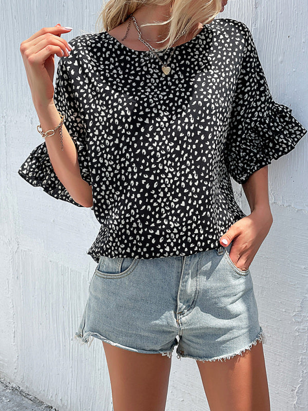 Women's Woven Round Neck Leopard Dolman-Sleeve Shirt - Closther