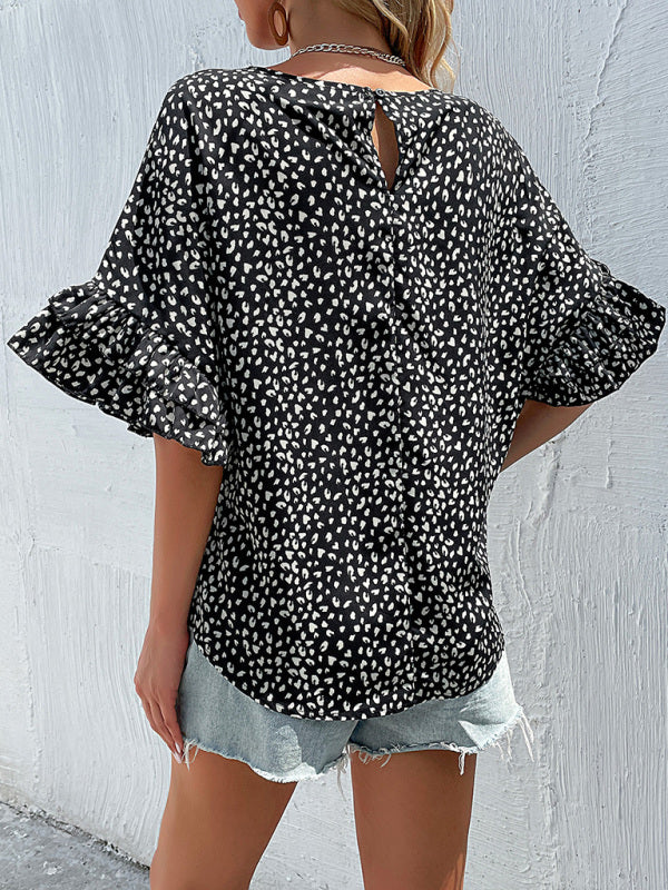 Women's Woven Round Neck Leopard Dolman-Sleeve Shirt - Closther