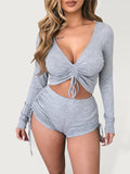 Ensemble short en flanelle décontracté et sexy, col V, décolleté plongeant et cordon de serrage 