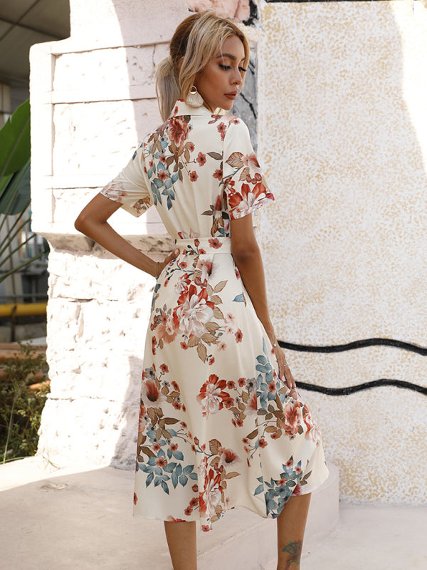 Robe de vacances élégante en maille à col à revers fleuri pour femme 