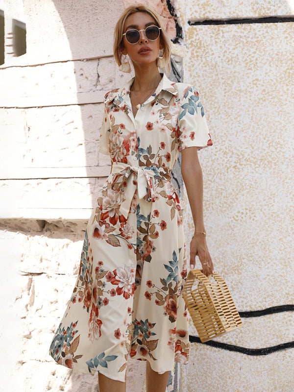 Robe de vacances élégante en maille à col à revers fleuri pour femme 