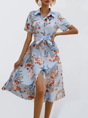 Robe de vacances élégante en maille à col à revers fleuri pour femme 