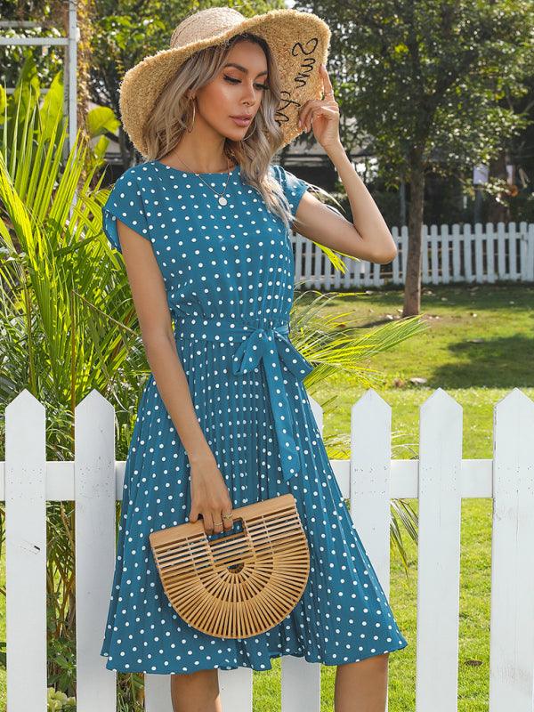 Women's Woven Polka Dot Pleated Midi Dress - Closther