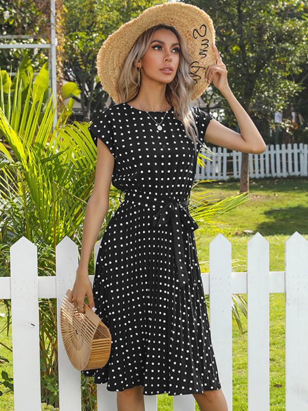 Women's Woven Polka Dot Pleated Midi Dress - Closther