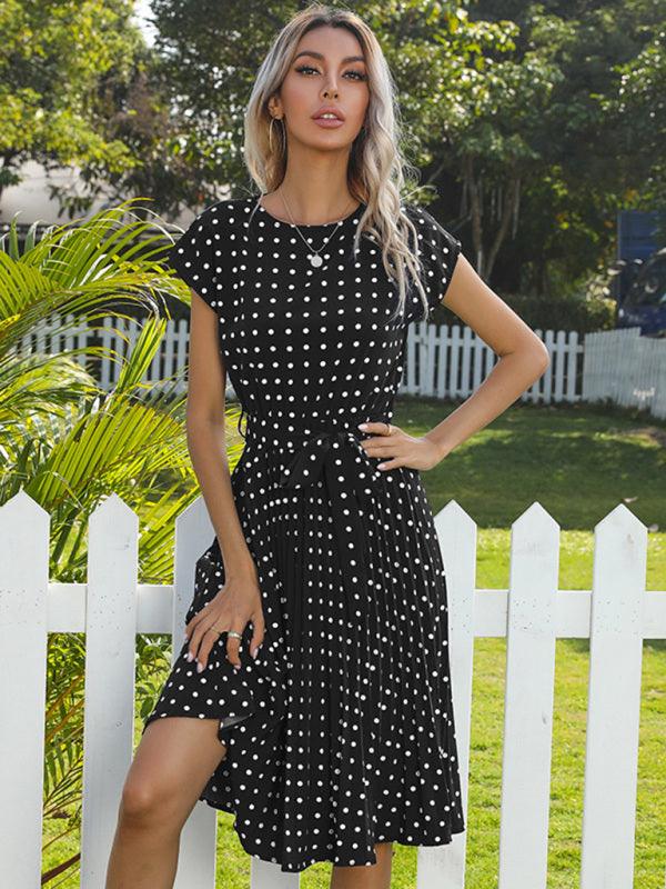 Women's Woven Polka Dot Pleated Midi Dress - Closther