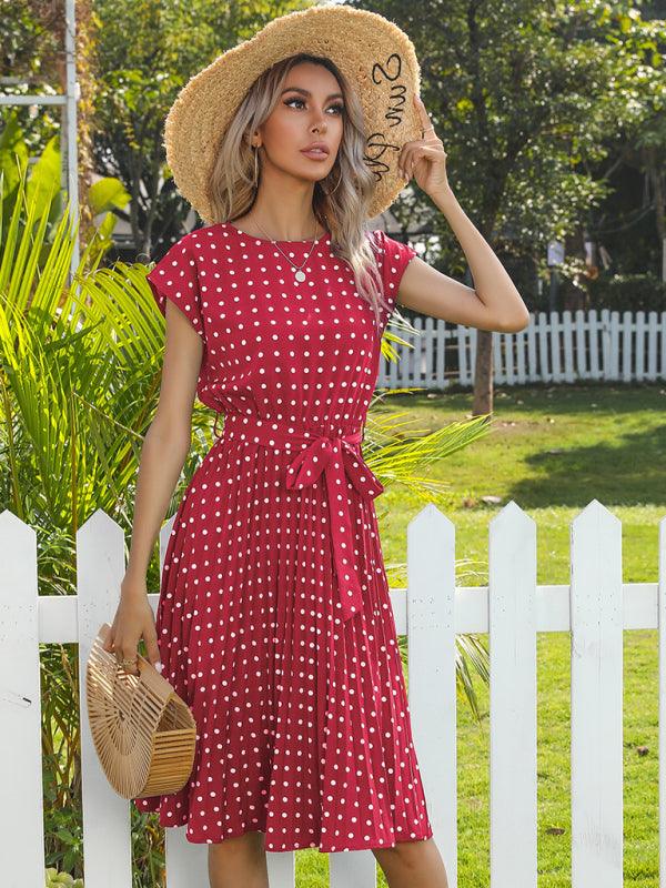 Women's Woven Polka Dot Pleated Midi Dress - Closther