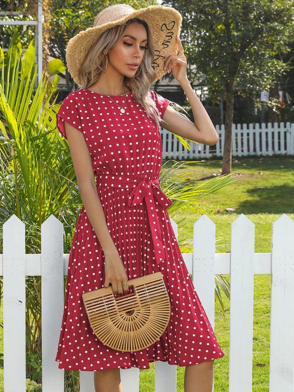 Women's Woven Polka Dot Pleated Midi Dress - Closther