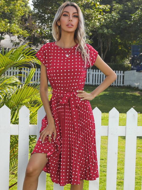 Women's Woven Polka Dot Pleated Midi Dress - Closther