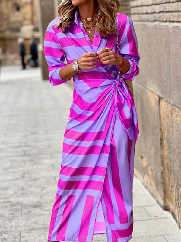 Bedrucktes Kleid mit Laternenärmeln, Bindeband und Reversschlitz, kontrastfarbener, mittellanger Rock 