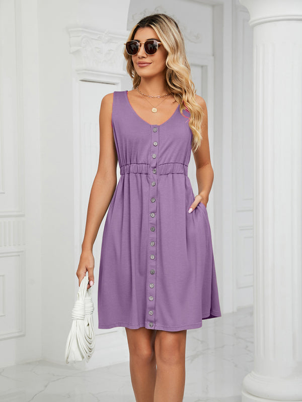 Robe sans manches en maille pour femme, à poches boutonnées, col rond et taille fendue 