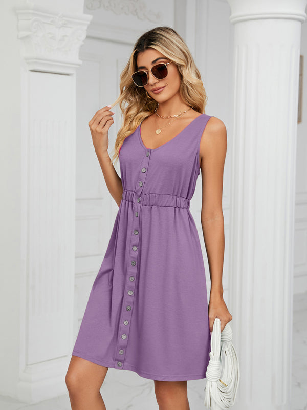 Robe sans manches en maille pour femme, à poches boutonnées, col rond et taille fendue 