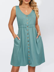 Robe sans manches en maille pour femme, à poches boutonnées, col rond et taille fendue 