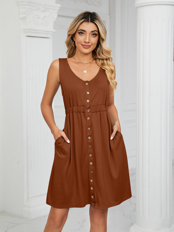 Robe sans manches en maille pour femme, à poches boutonnées, col rond et taille fendue 