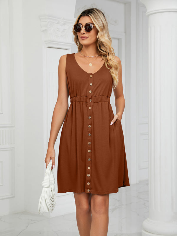 Robe sans manches en maille pour femme, à poches boutonnées, col rond et taille fendue 