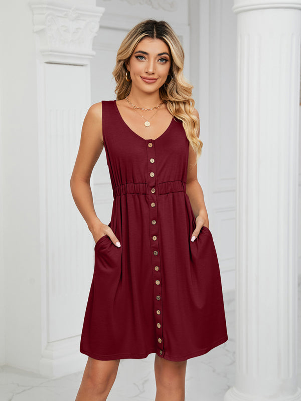 Robe sans manches en maille pour femme, à poches boutonnées, col rond et taille fendue 