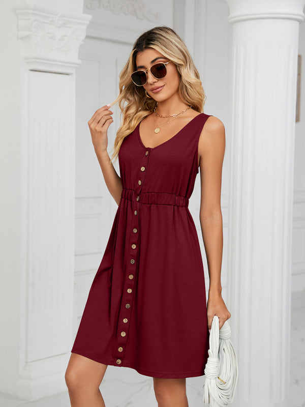 Robe sans manches en maille pour femme, à poches boutonnées, col rond et taille fendue 