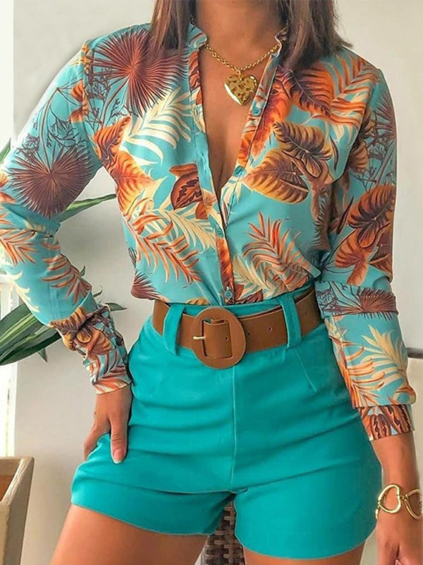 Damen-Set mit digital bedrucktem Stehkragen-Langarmshirt 