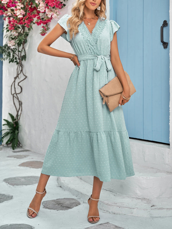 Casual new solid color casual tie waist lace V-neck dress - Closther