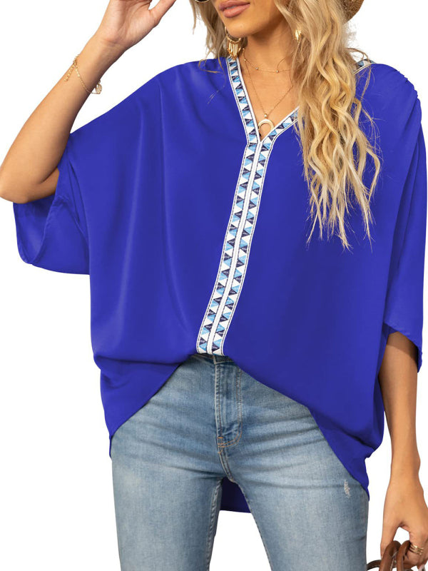 Damen-Chiffonbluse mit Dolmanärmeln, V-Ausschnitt und kurzen Ärmeln 