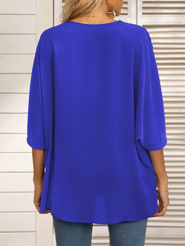 Damen-Chiffonbluse mit Dolmanärmeln, V-Ausschnitt und kurzen Ärmeln 