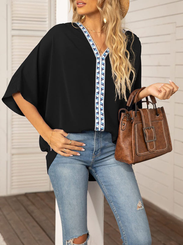 Damen-Chiffonbluse mit Dolmanärmeln, V-Ausschnitt und kurzen Ärmeln 